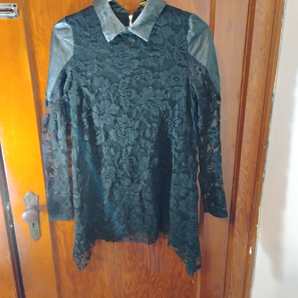 Elegant Black Lace With Leather Accent Blouse